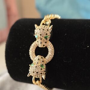 Leopard Head Bracelet Simulated White Diamond Green Emerald Link Gold New